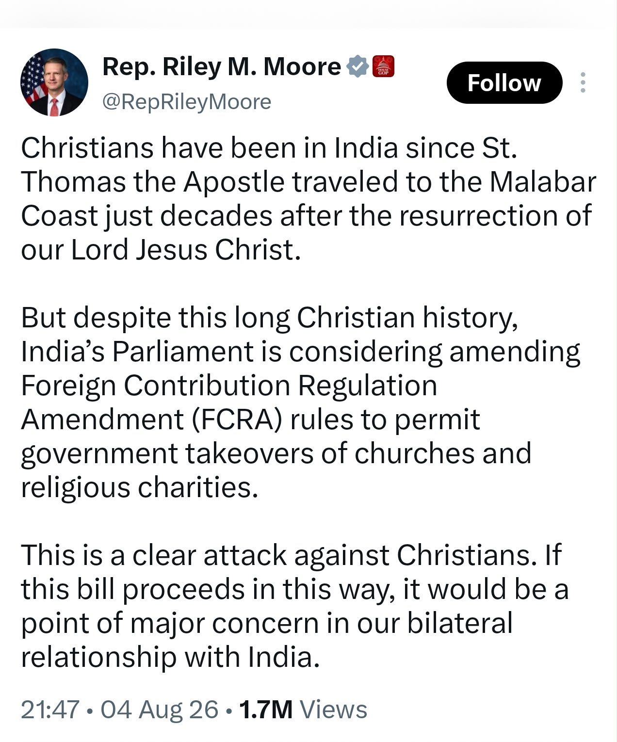 FCRA: Why Representative Riley Moore’s Comments Reinforce the Importance of India’s Sovereignty - Churches, Democracy, FARA vs FCRA, FCRA, FCRA amendment bill, FCRA amendments, FCRA churches, FCRA religious charities, FCRA transparency, Foreign Contribution Regulation Act, foreign donations India, Foreign Funding, foreign funding in India, Foreign Influence, foreign influence India, geopolitical influence India, india, India democracy, India legislative sovereignty, India sovereignty, India US relations, Legislation, National Security, national security India, NGO foreign funding, NGOs, Parliament, Parliament FCRA amendments, Riley Moore, Riley Moore India, Savio Rodrigues, Sovereignty