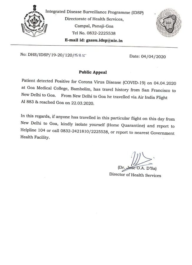 Passengers on board AI-883 flight from New Delhi-Goa on March 22nd must home quarantine