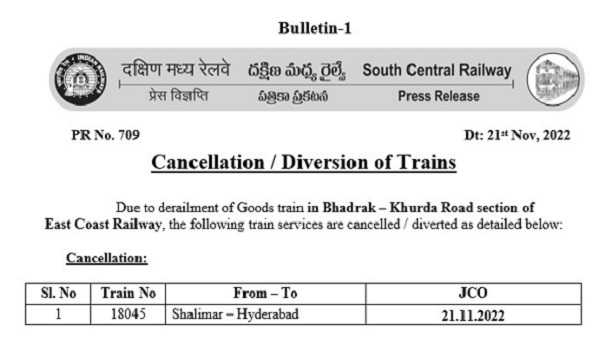 Goods train derailment : One express cancelled, 12 others diverted : SCR