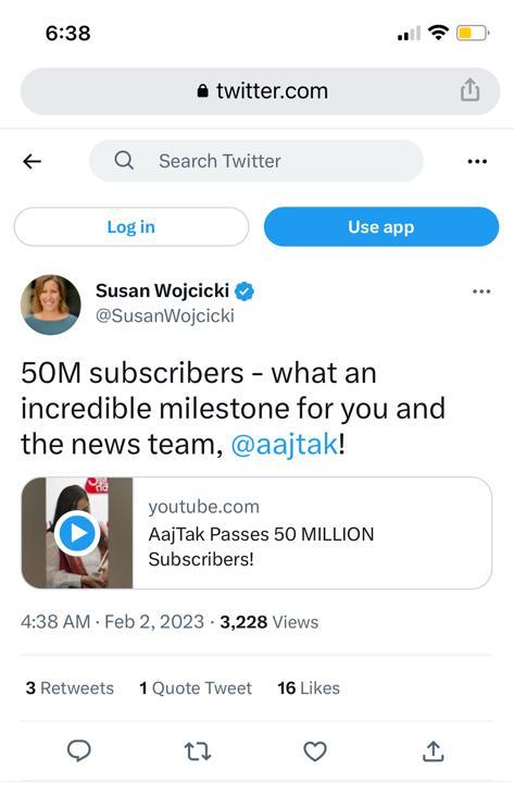 CEO Susan Wojcicki congratulates Aaj Tak on becoming world’s most subscribed YouTube channel -