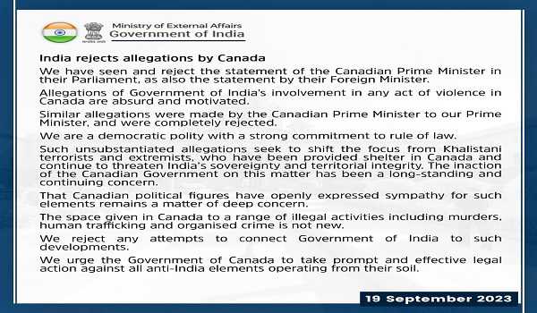 India rejects Trudeau’s allegation on killing of Khalistani; calls it ‘absurd and motivated”