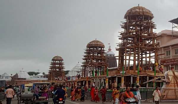 Construction of 3 chariots in progress for Puri Car Festival