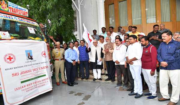 Telangana Governor flags off relief truck for Tripura flood victims