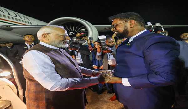 PM Modi arrives in Guyana, received with warm hug by President Irfaan Ali