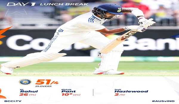 India struggle 51/4 at lunch on Day 1 of Perth Test