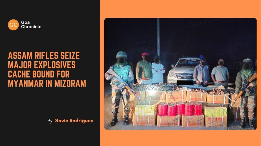 Assam Rifles Seize Major Explosives Cache Bound for Myanmar in Mizoram In a significant breakthrough against cross-border smuggling, Assam Rifles units under the Spear Corps, in collaboration with Mizoram Police, seized a large cache of explosives on November 6, 2024, on the Serchhip-Thenzawl road in Mizoram. Acting on specific intelligence regarding the movement of explosives, security forces swiftly established a Mobile Vehicle Check Post to intercept and inspect suspicious vehicles along the route.