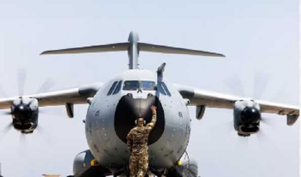 Royal Air Force A400M aircraft departs with UK military team