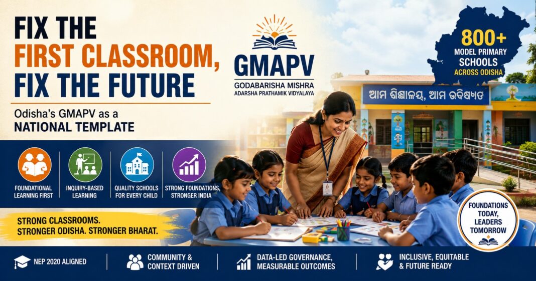 GMAPV Odisha – National Model for Foundational Education Teacher engaging young students in a modern Odisha GMAPV primary school, highlighting foundational learning and inquiry-based education under NEP 2020