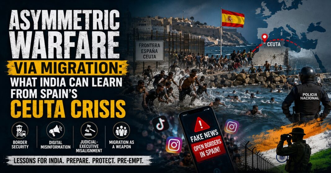 Spanish border forces respond to the 2026 Ceuta migration crisis, highlighting asymmetric warfare through illegal migration and lessons for India's border security.