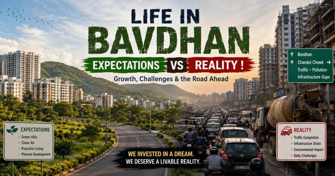 Life in Bavdhan – Expectations vs Reality | Traffic, Infrastructure & Development Traffic congestion and rapid urban development in Bavdhan Pune highlighting infrastructure challenges and residents' expectations versus reality.