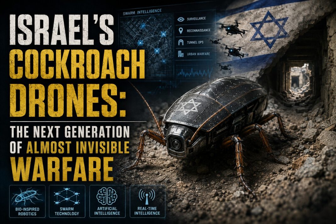 Israel’s Cockroach Drones: The Next Generation of Almost Invisible Warfare Illustration of The Next generation of insect-inspired cockroach drones in operation
